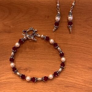 Matching earrings pierced bracelet red beads pearls and silver tone heart clasp